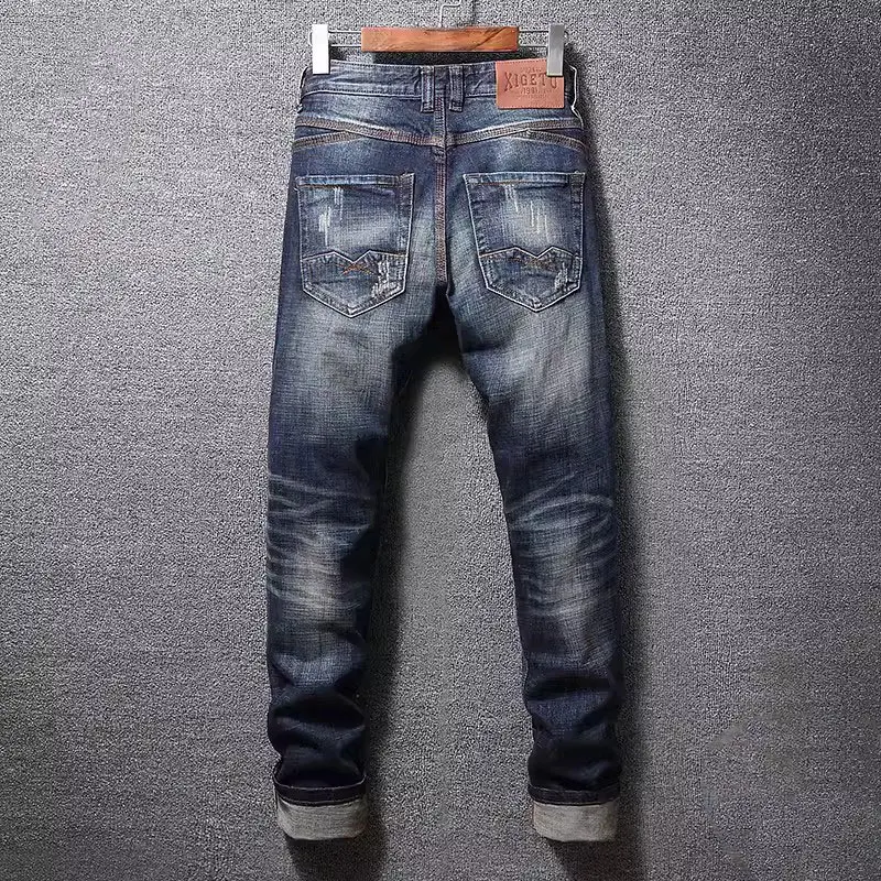 Fashion Designer Men Jeans High Quality Retro Washed Blue Stretch Slim Fit Ripped Jeans Men Vintage Casual Denim Pants Hombre