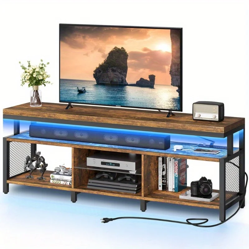 LED-TV-Ständer Entertainment Center mit Steckdosen, Medienkonsole für 70-Zoll-Fernseher