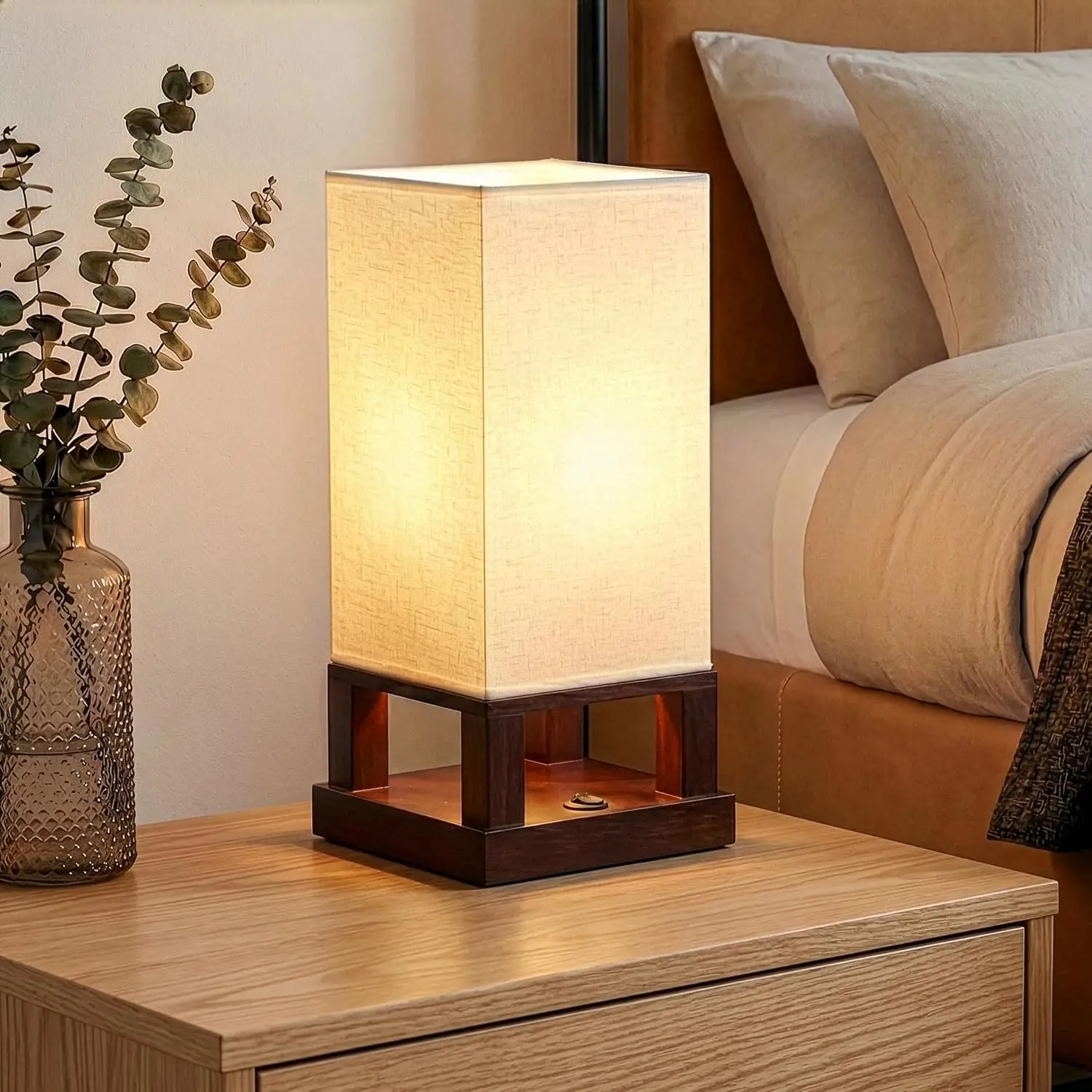 

Bedside Lamp with USB Port for Bedroom, Compact Table Lamp with Wood Frame and LED Bulb for Nightstand