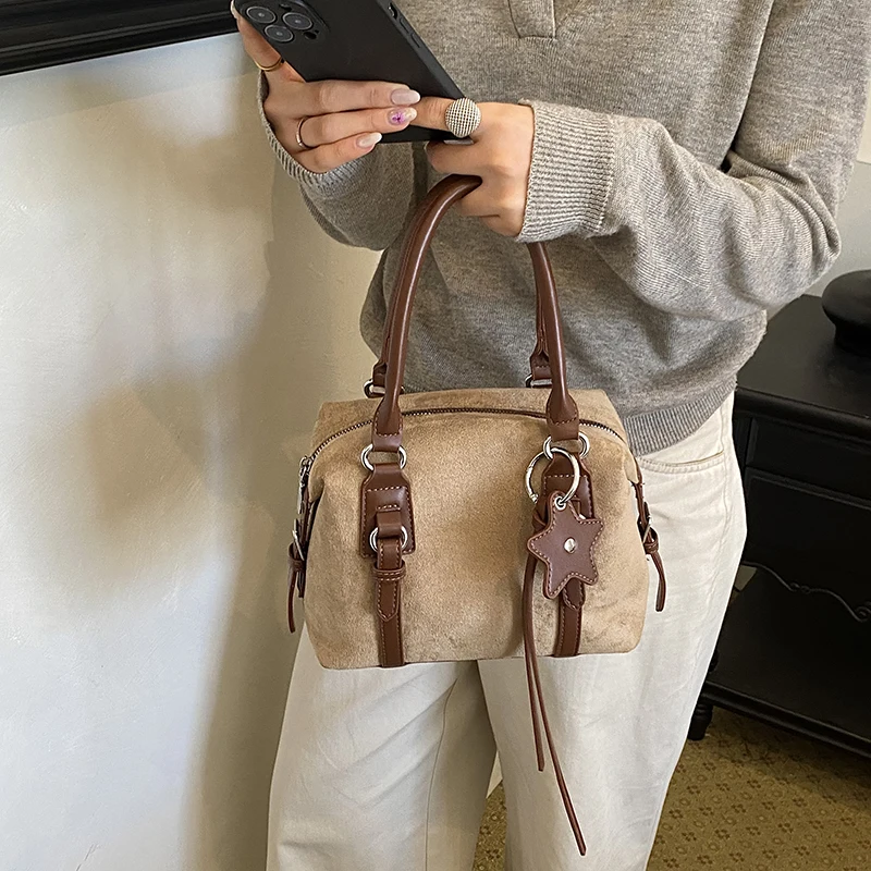 Retro Brown Suede Handbag Ladies Fashion Star Decor Crossbody Bag Commuter Tote