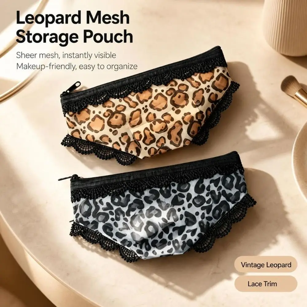 Leopard Print Panties Shaped Makeup Pouch Lace Trimmed Zippered Mesh Cosmetic Bag Portable Lightweight Storage Pouch Daily Use