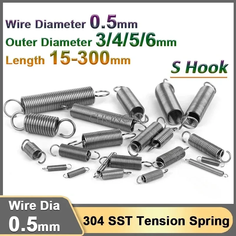 0.5mm Open S Hook Tension Spring Stainless Steel Cylindroid Helical Coil Extension Pullback Expansion Tensile Stretching Springs