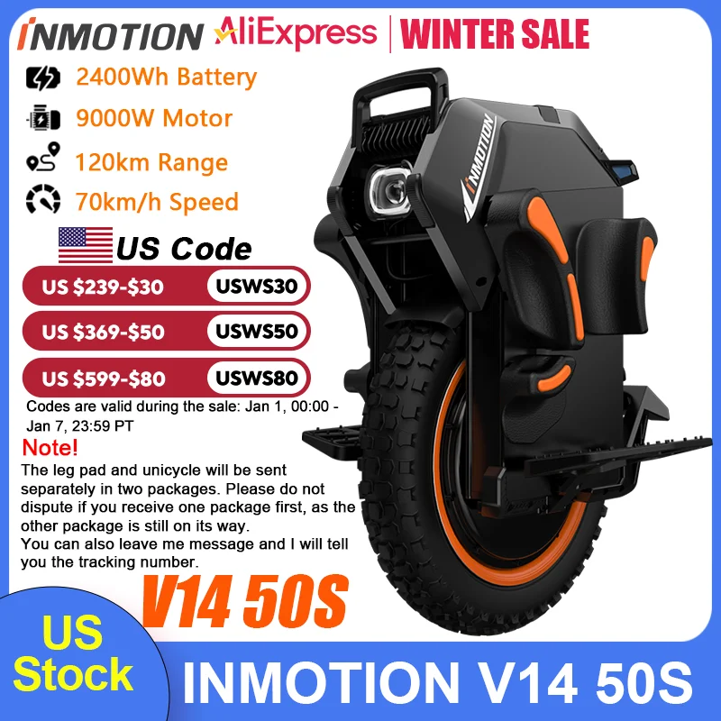 US Stock INMOTION Adventure V14 Electric Unicycle 70km/h Speed 134V 2400Wh 50S Motor C40 9000W High Torque EUC Unicycle Wheel