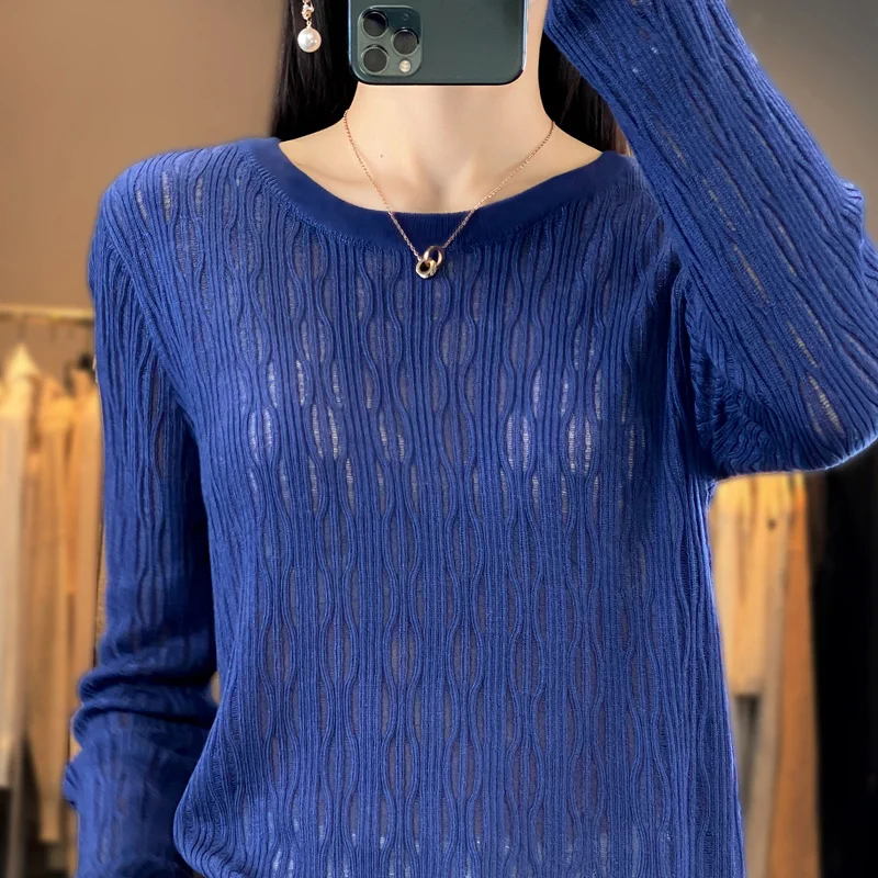 23 Autumn Winter New Woolen Sweater Women's Round Neck Long Sleeve Pullover Loose Hollow Out Simple Solid Color Versatile Knit