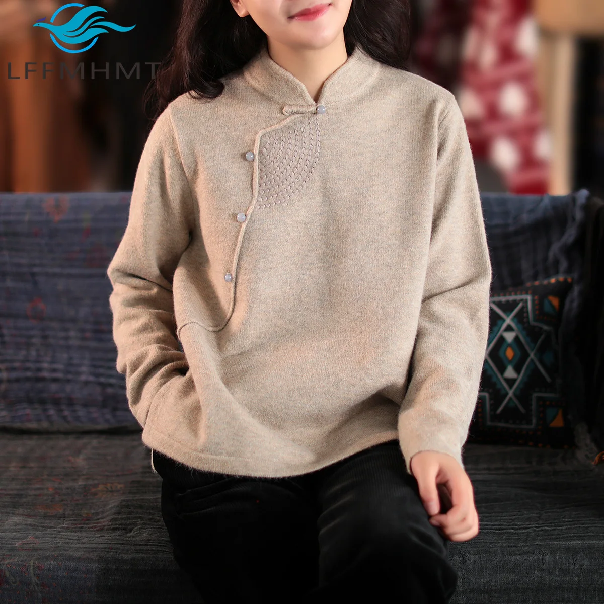 

Chinese Diagonal Embroidered Soft Thickened Sweater for Women Winter Fall Literary Good Quality Wool Blended Knitted Tea Clothes