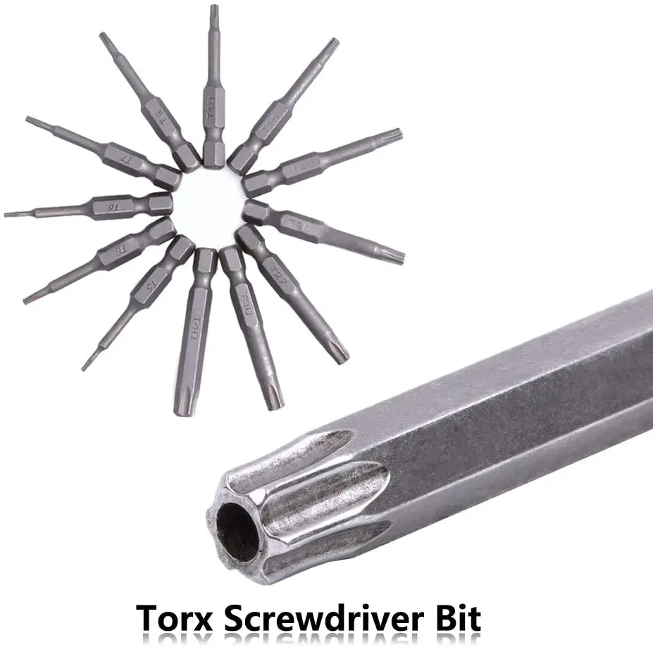 12pcs 50mm Torx Screwdriver Bits With Hole T5 T9 T10 T15 T20 T27 T30 T40 1/4 Inch Hex Shank Electric Screw Driver Star Bit Set