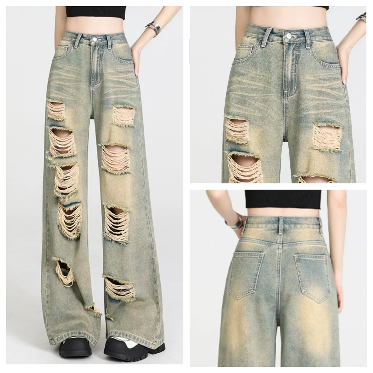 

Модные широкие джинсы с высокой талией, свободные тонкие ностальгические прямые брюки, женские брюки в уличном стиле