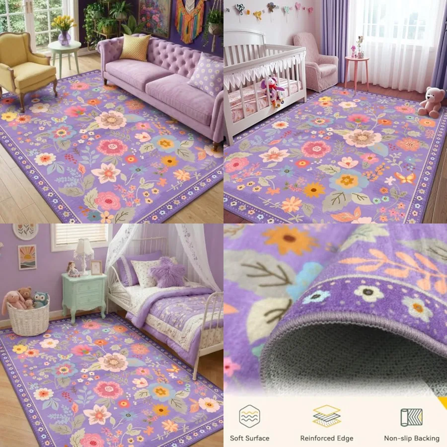 

Floral Nursery 5x7 Area Rugs Washable Print Boho Cute Carpet Non Slip Flower Low Pile for Living Room Girls Playroom Bedroom Ki