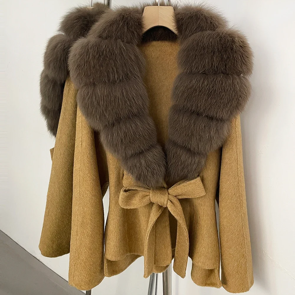OFTBUY Neue Winterkleidung für Damen, Luxuriöser Kurzer 100% Wollmantel mit Natürlichem Pelzkragen, Warmem Gürtel und Echtem Fuchspelz, Wolljacke für Damen – Detail 34