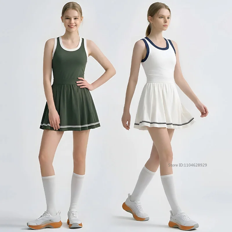 Women Sleeveless Tennis Dresses Vintage Pleated A-lined Golf Dress Ladies Gym Running Athletic Yoga Skirt Workout Sportswear