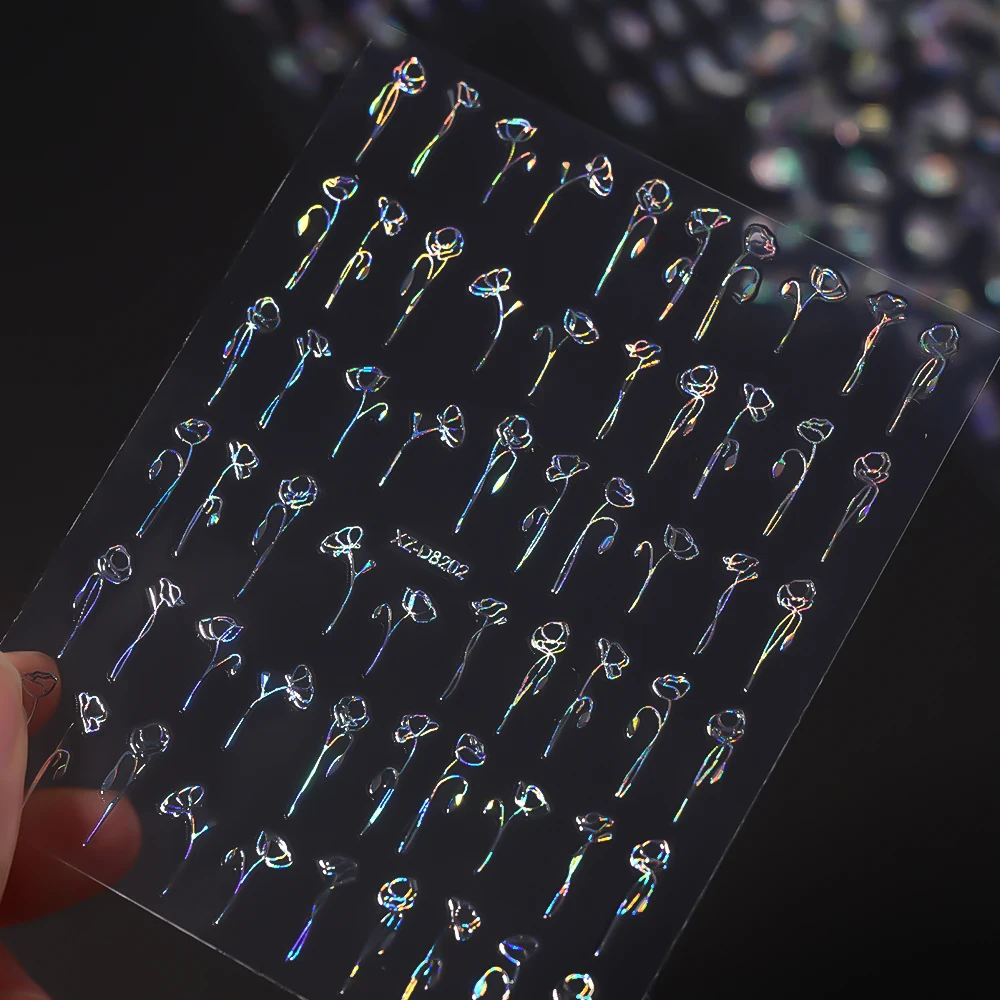 12 Uds. De pegatinas 3D láser para uñas con hojas plateadas y flores, deslizadores adhesivos florales con hojas metálicas, calcomanías de línea rosa para decoración de uñas