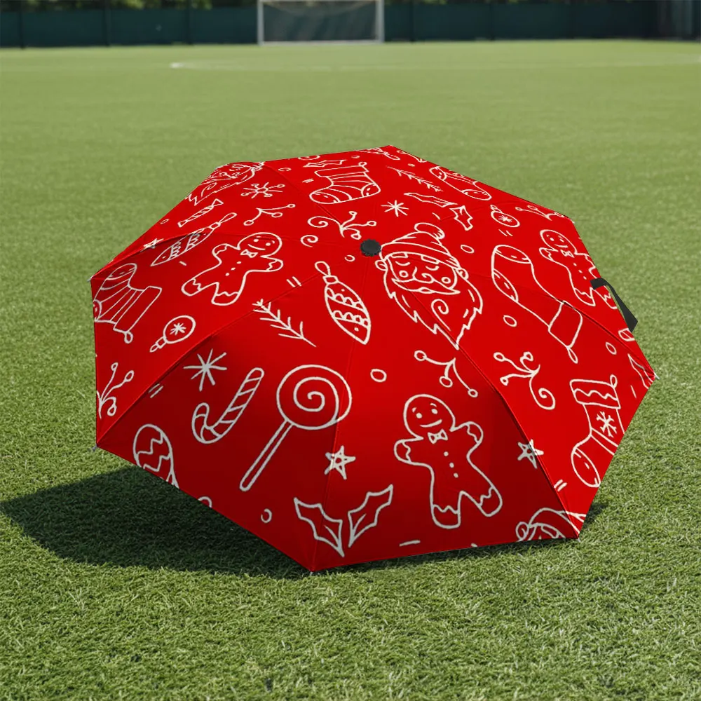 1P C Festive Red Umbrella with Christmas-Themed Drawings Print 8 Iron Ribs Folding Umbrella Auto-Open Fashion Sunshade