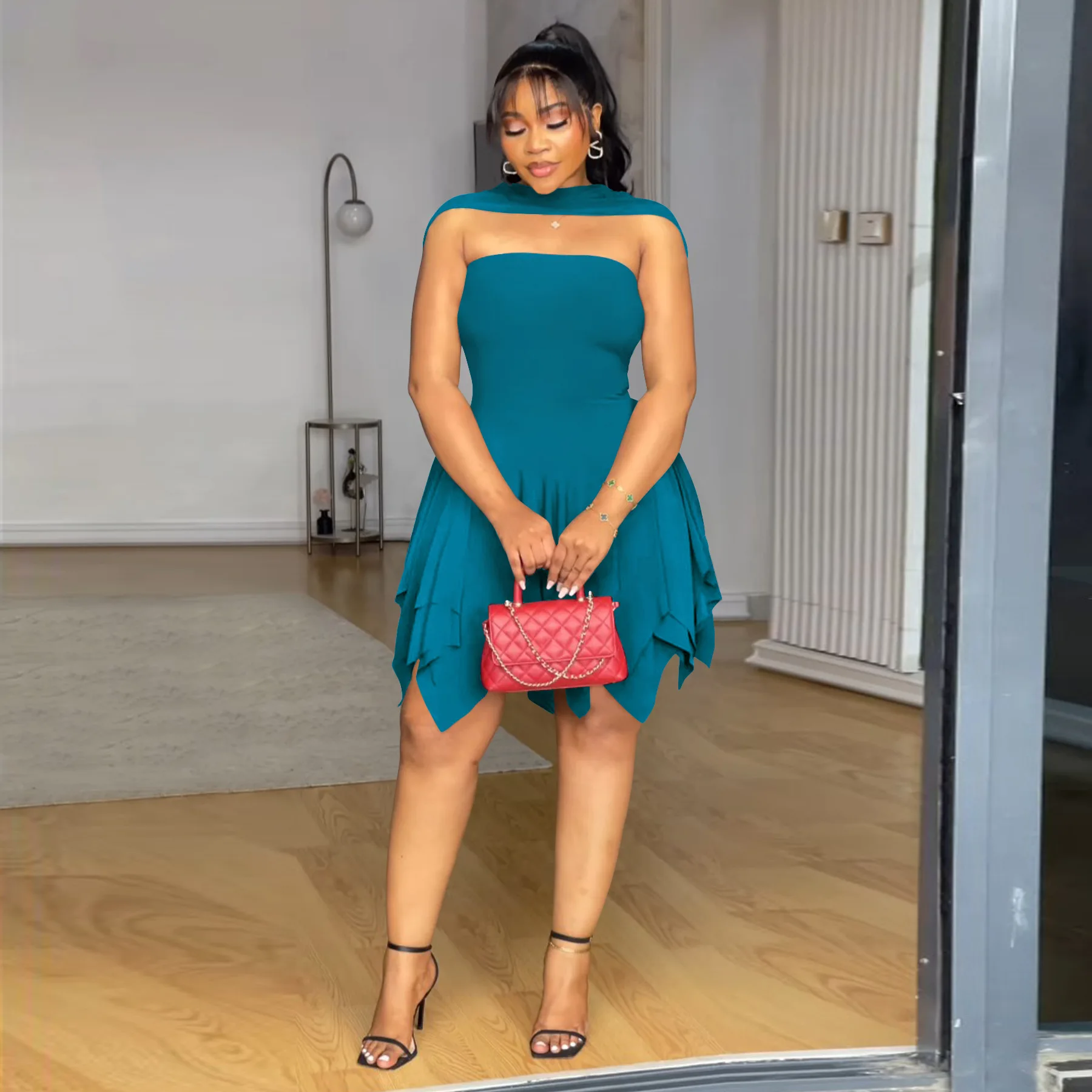 

Summer Fashion Solid Color Dress Women Sexy Off Shoulder Sleeveless High Waist Irregular Short Skirt Elegant Dress Women