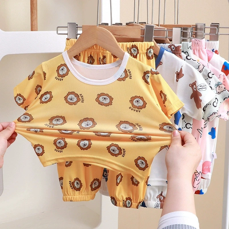 

Summer CHILDREN'S Clothing Short Sleeve Shorts and Long Pant 2-piece Suit for Boys Girls Comfortable Cartoon Clothes Set