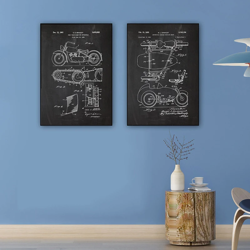 Retro Motorcycle Body Patent Drawing Helmet Cycle Support Posters Canvas Painting Line Art Wall Picture Living Room Home Decor