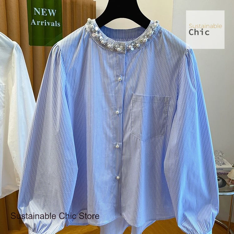 

Korean blue striped round neck fashion beaded vertical striped shirt female autumn retro temperament casual long-sleeved shirt