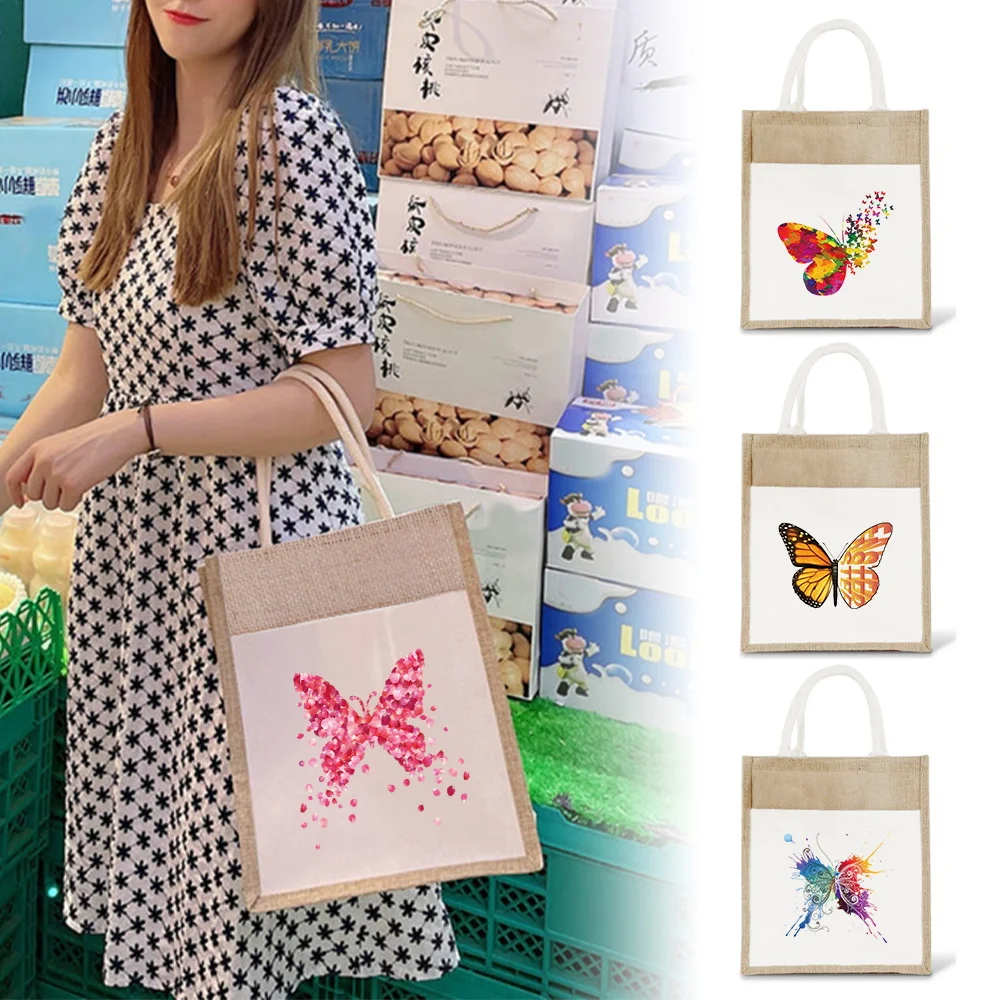 

Jute Tote Shopper Bag Vintage Handbags Portable Summer Beach Bag Reusable Handle Shopping Grocery Bags Butterfly Series