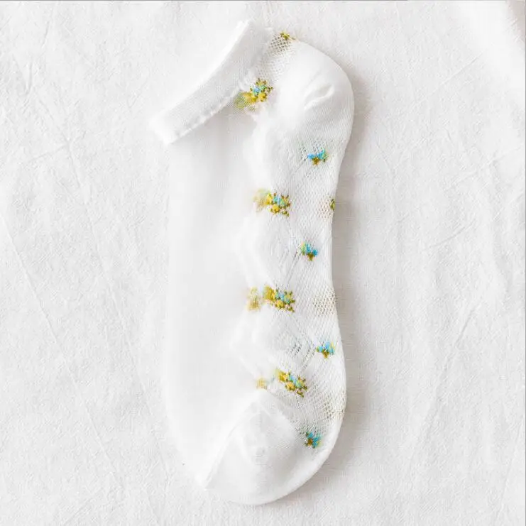 5 Pairs/Lot Summer Short Sock Ultra-Thin Flower Glass Silk Fashion Ladies Socks Lace Boat Socks Low Transparent Invisible Socks