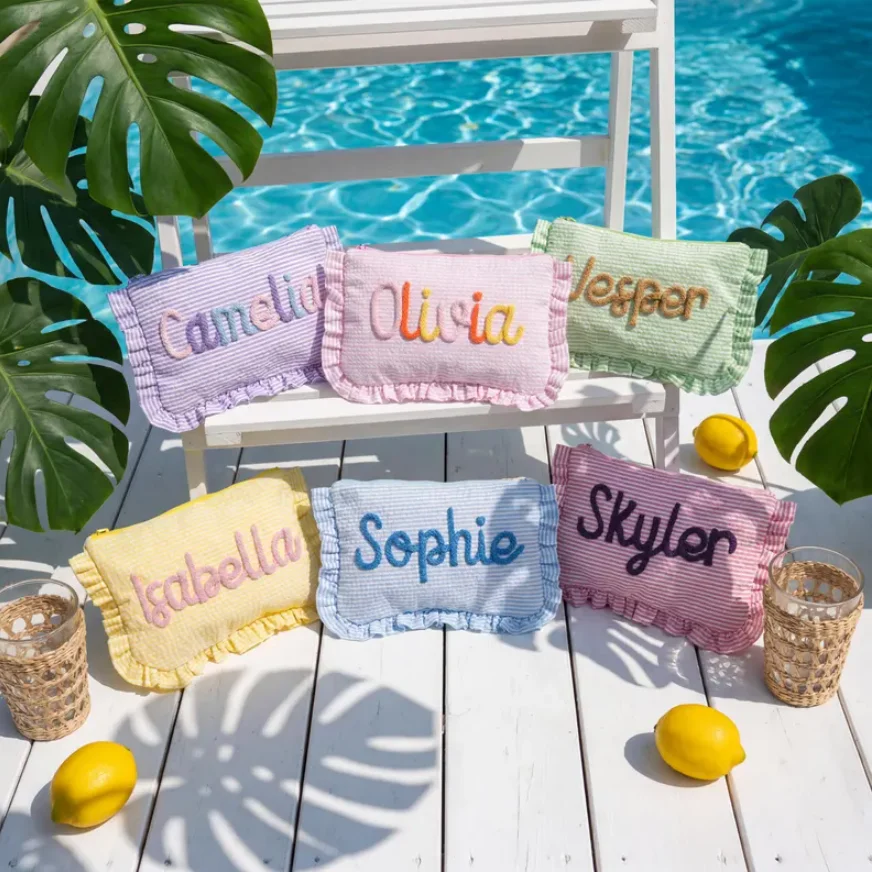 Personalized Ruffle Seersucker Makeup Bag, Chenille Name Cosmetic Pouch, Travel Toiletry Bag, Gift for Her, Bride Morning Makeup