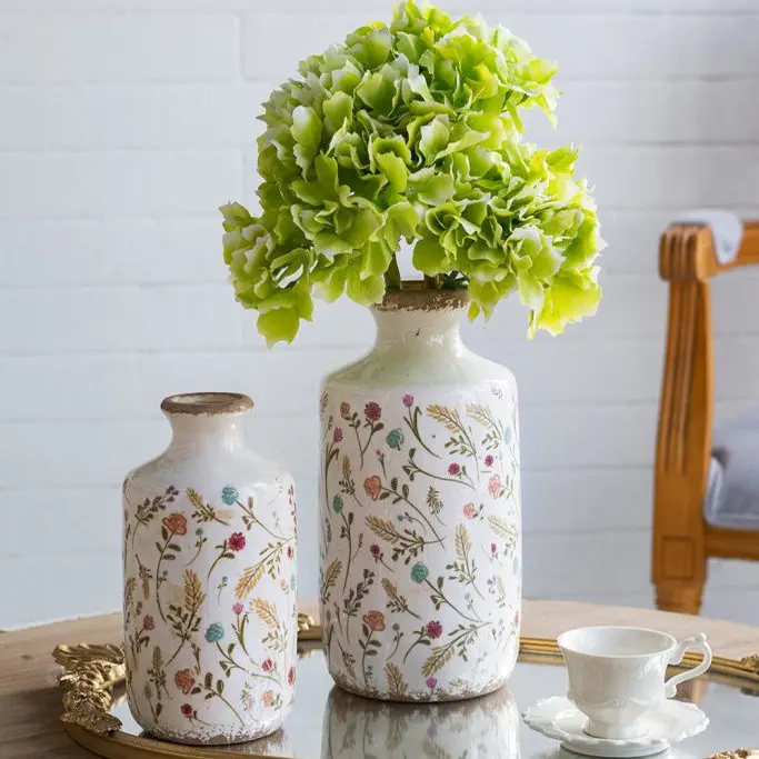 Vintage Distressed Floral Pattern White Ceramic Vase - Decorative Art Piece for Tabletop Ceramic Vase Home Decor Office