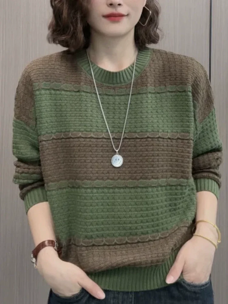 เสื้อไหมพรมลายทางสีสันสดใส ทรงหลวม สไตล์ลำลอง สำหรับผู้หญิง ช่วยปกปิดหน้าท้อง เหมาะสำหรับคุณแม่ แขนยาว คอกลม แฟชั่นฤดูใบไม้ร่วง...