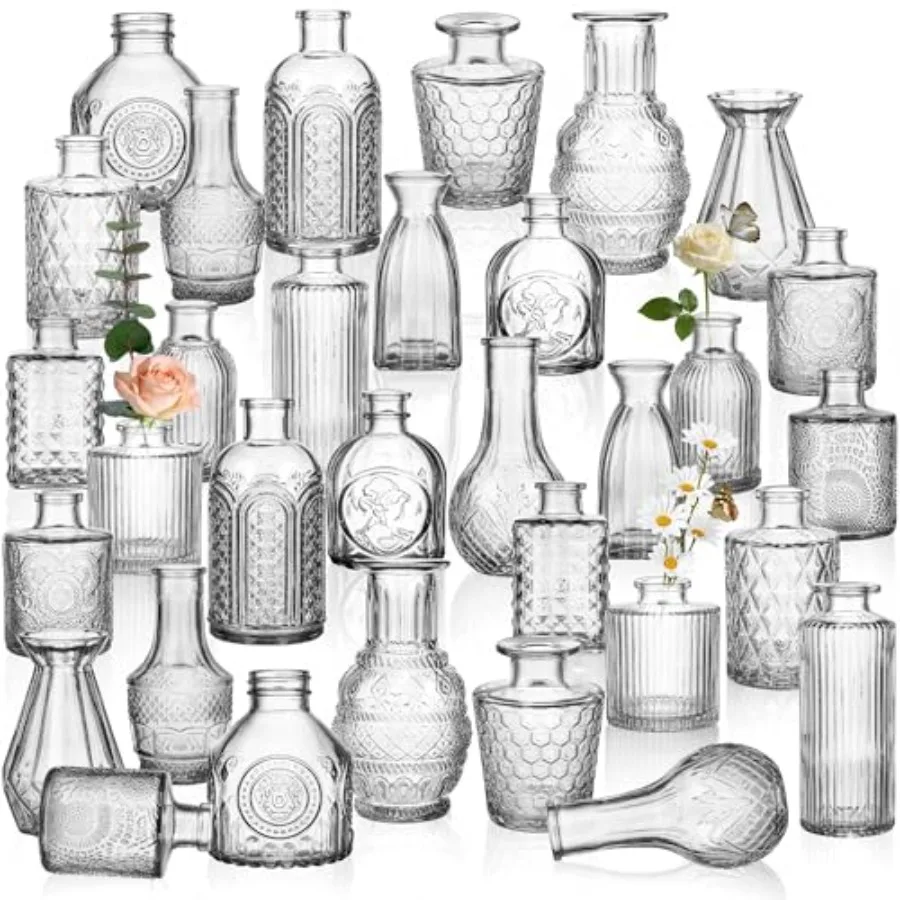 32 PCS Assorted Vintage Bud Vases Colorful Glass Small Vases Bulk for Centerpieces Wedding Table Decor Home Decorations and Gif