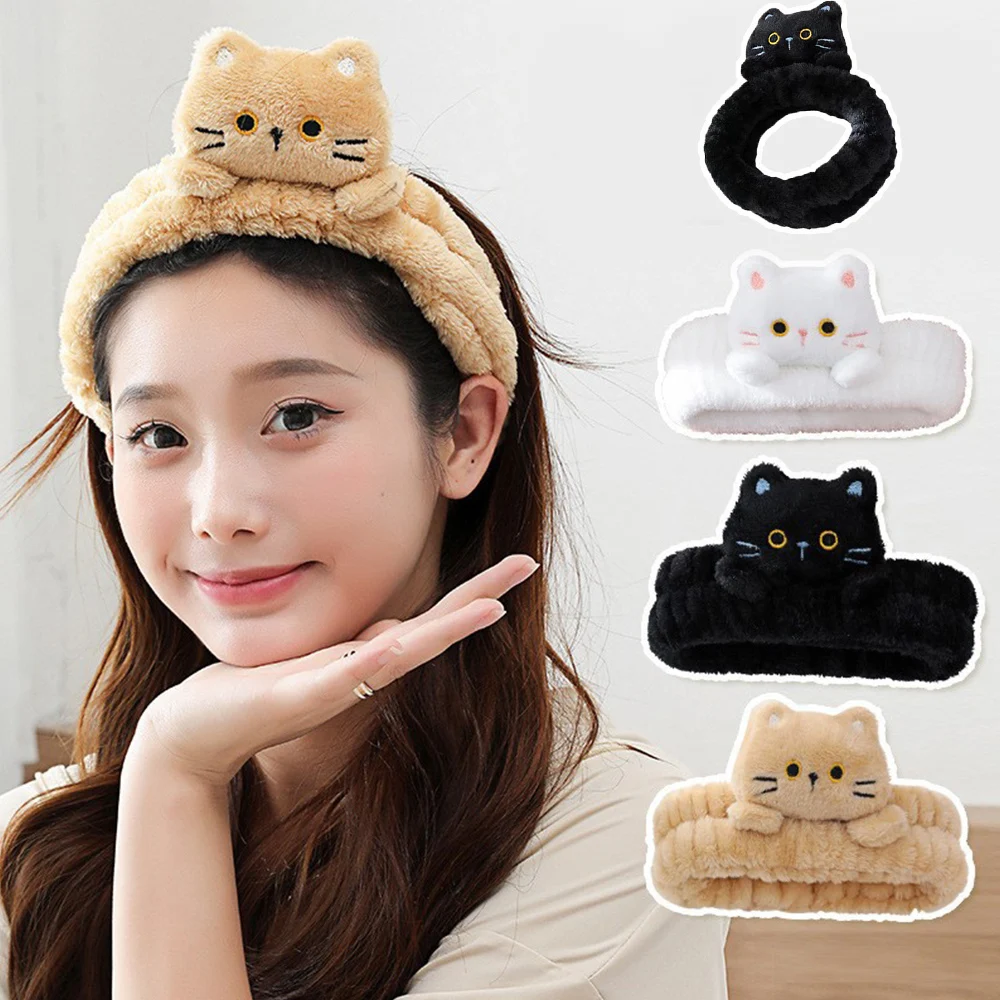 Cute Coral Fleece Head Bands Elastic Cartoon Cat Makeup Wash Face Hairbands Soft Traceless Facial Spa Headwear Hair Accessories