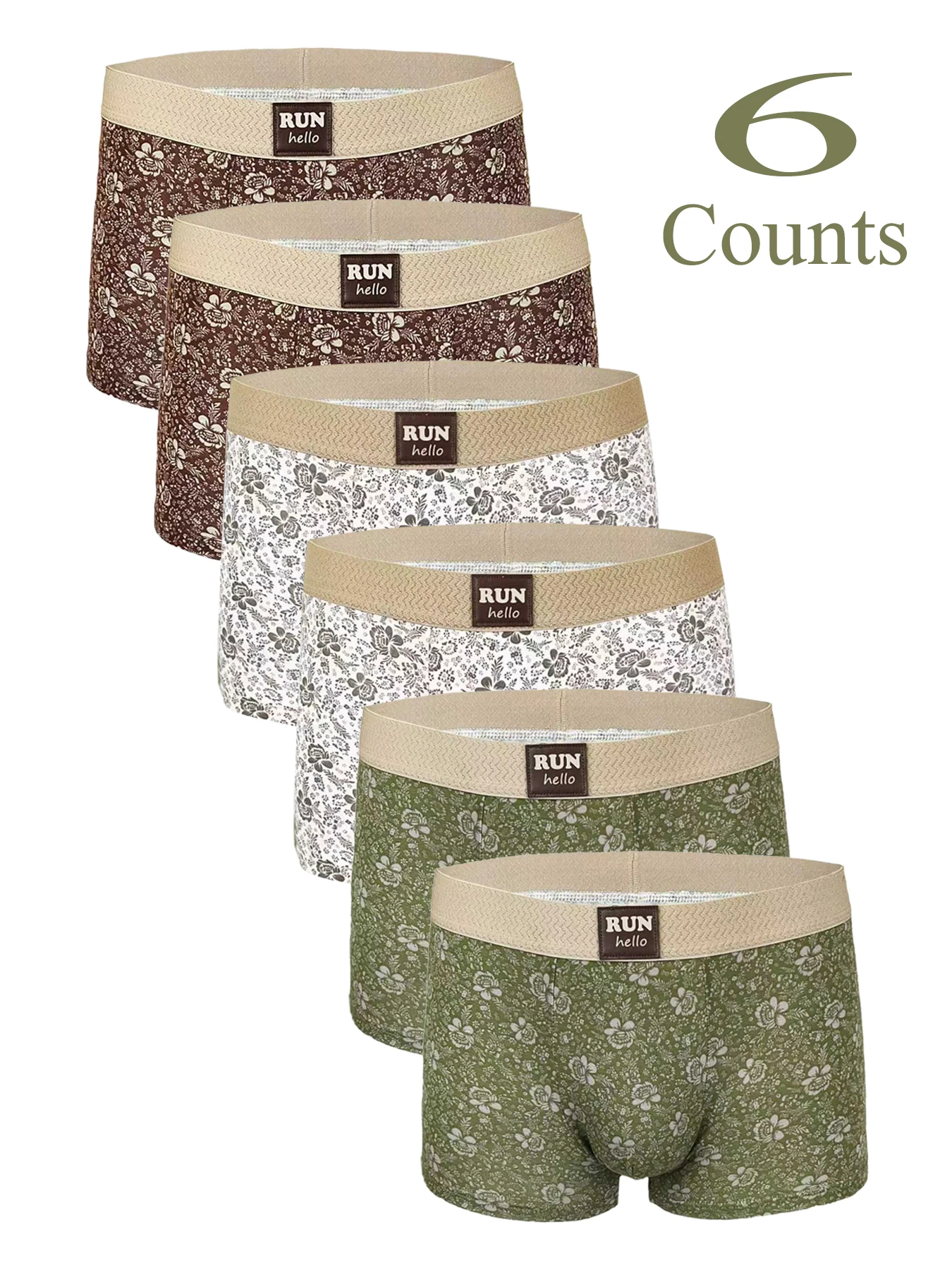 

6PCS floral print fashionable, trendy, sporty, elastic, comfortable and breathable men's boxer shorts