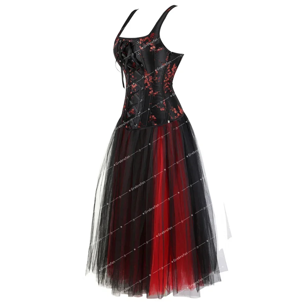 Gothic Corset Dress Set Sexy Zip Up Bustier with Straps Outfit Women Embroidered Corsage Plus Size Rave Burlesque Party Costume