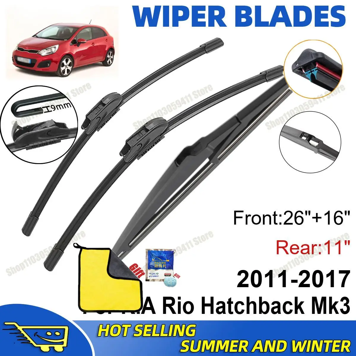

3PCS For KIA Rio Hatchback Mk3 2011-2017 26" + 16"+ 11" Front Rear Wiper Blades Set Windshield Windscreen Car Accessories