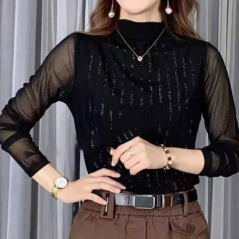 Elegant Net Yarn Bottoming Shirt Spring New Long Sleeve O-neck Solid Color Plus Size Tops Tees Vintage Fashion Women Clothing