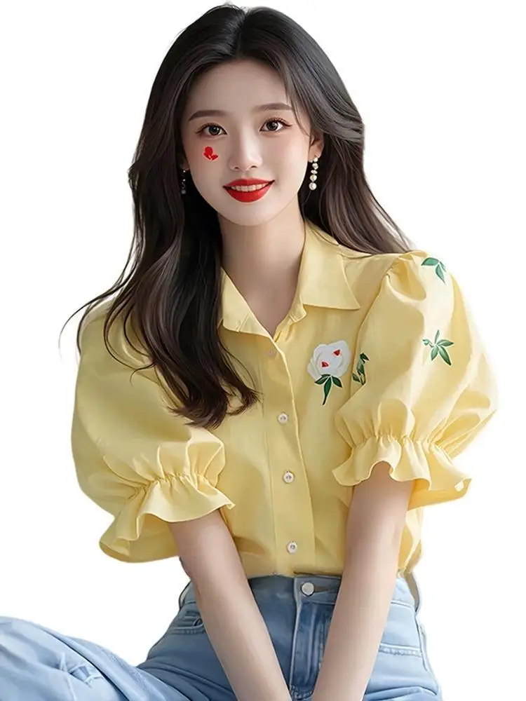 Sweet Print All-match Youth Shirt Tops Summer New Short Sleeve Solid Loose Yellow Fashion Blouse Elegant Korean Women Clothing