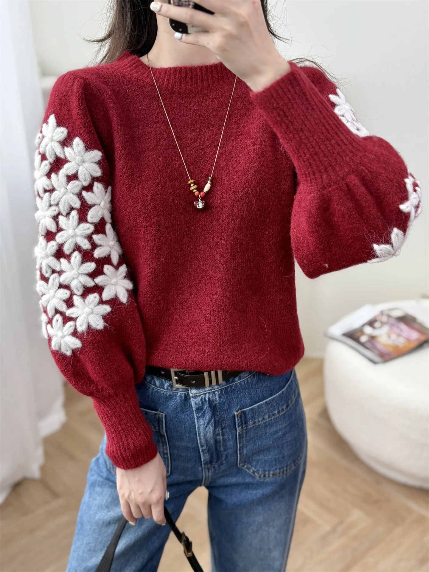 

Red Soft Handmade Woolen Sweater Women's Winter Knitted irt Heavy Flower Hooking Warm Loose Fit Long Sve round Ne Top