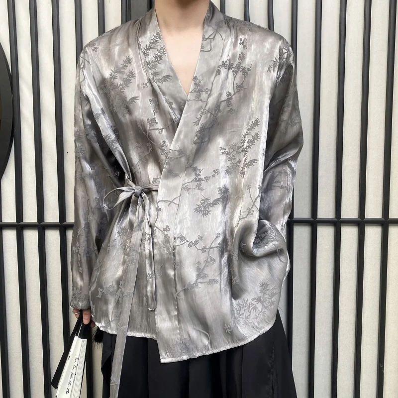 

Summer Silk Morning Calm New Chinese Style Plum Bamboo Flower Long Sleeve Men's Shirt Lazy Style Belted Retro National Style ...
