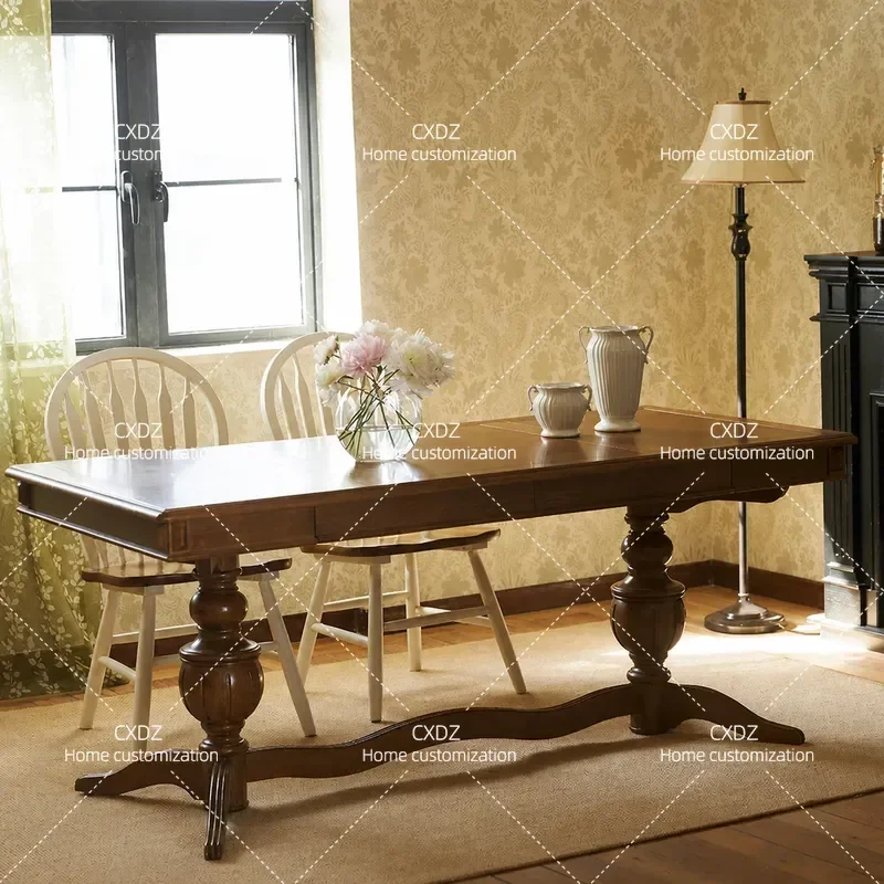 Solid Wood Rectangular Dining Table with Drawers Retro Style Large 6 Seater for Home Restaurant Kitchen Furniture