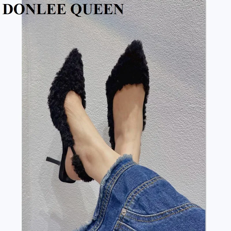 Pointed Toe Slingback Sandals Women High Heels Shoes Shallow Slip On Fur Design 2024 New Spring Ladies Pumps Party Wedding Mujer