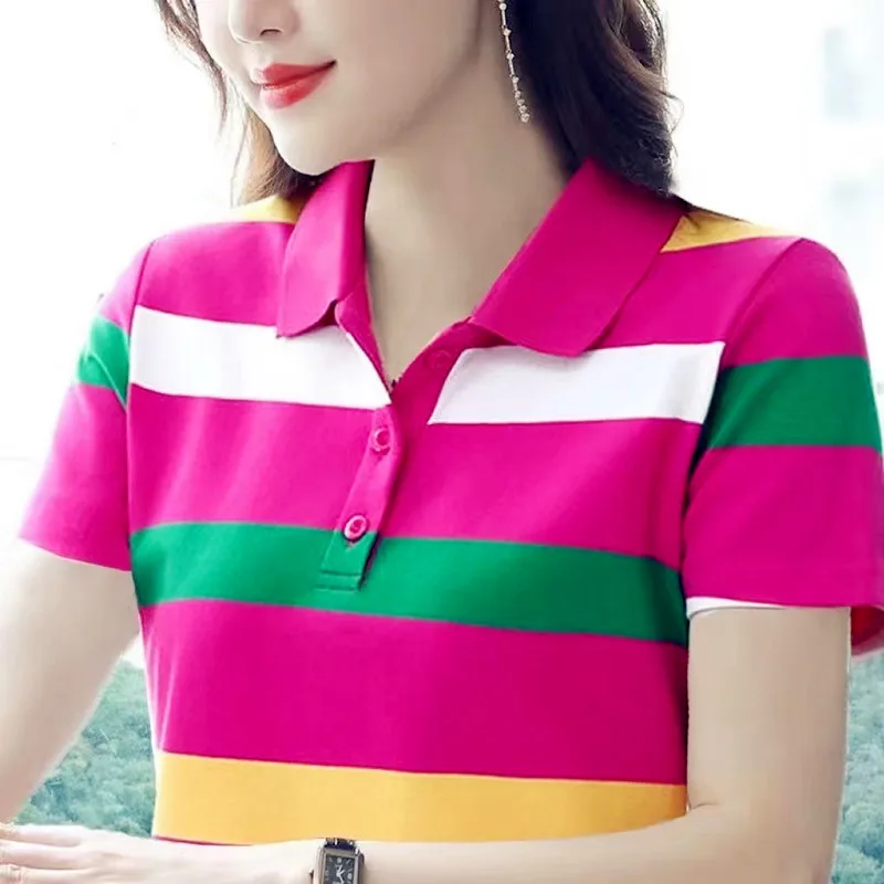 

Women Summer Tops Strip Tees Sexy Vintage Short Sleeve Button 5XL Polo T Shirts Loose Casual Befree Pluse Sizes Size Boho Tees