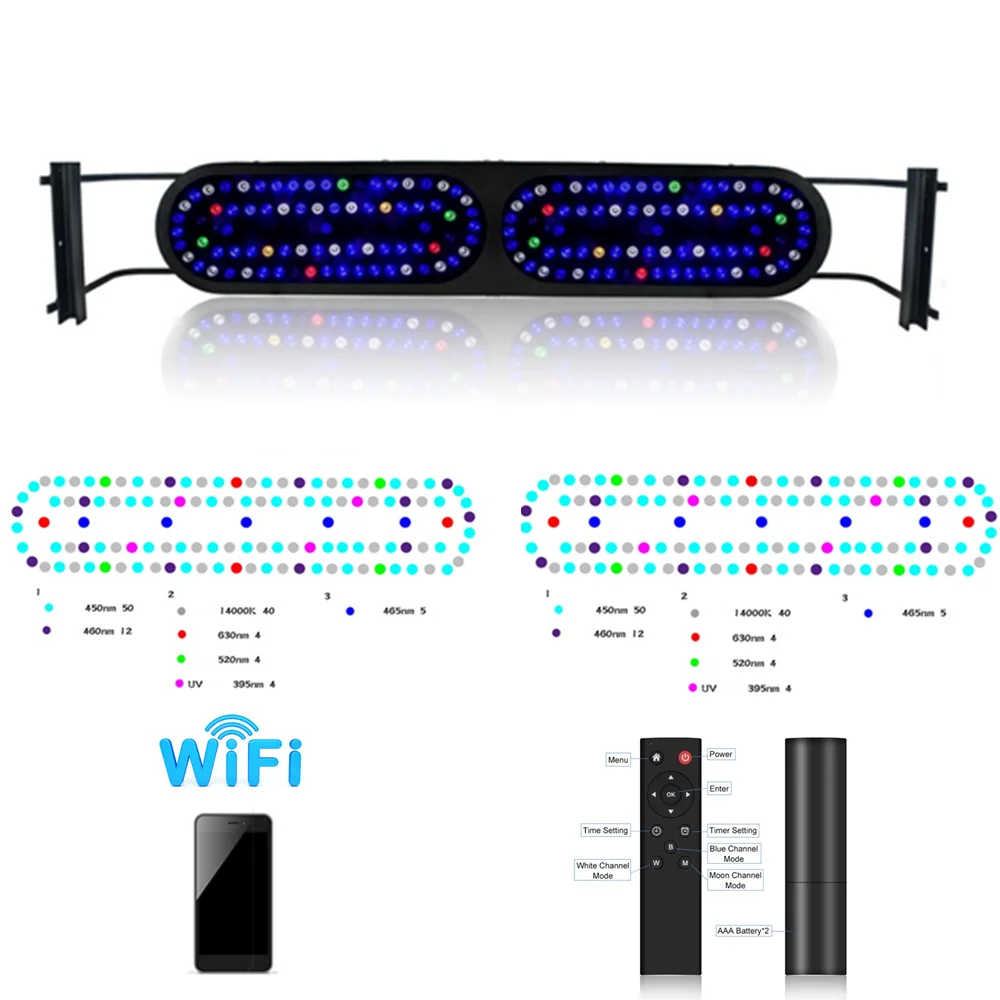 Luces de agua de mar WRGB programables Wi-Fi de 600W, Control IR, lámpara de soporte para tanque de peces, luz LED para acuario, amanecer, puesta de sol y arrecife