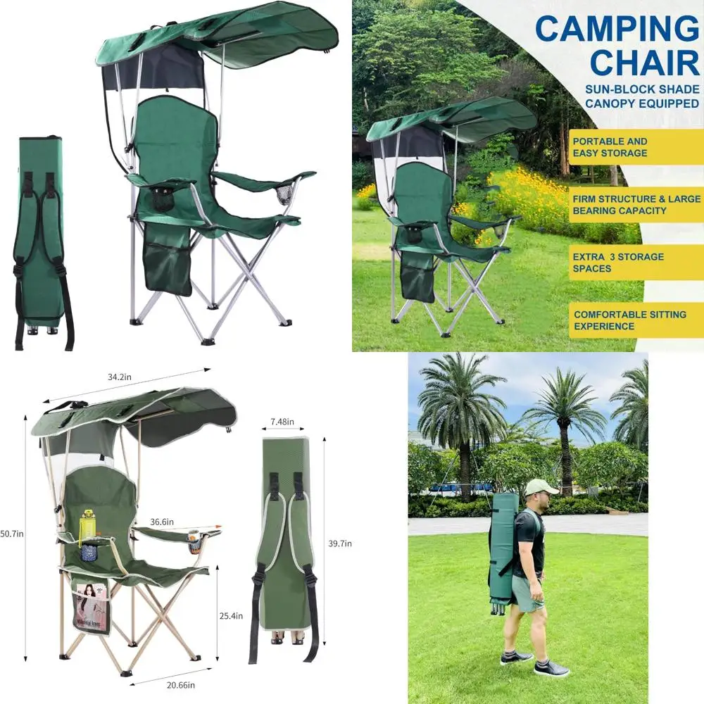 

Складной стул для кемпинга с навесом — прочная ткань Оксфорд 600D, идеально подходит для приключений на свежем воздухе, пляжей, пикников и поездок на рыбалку