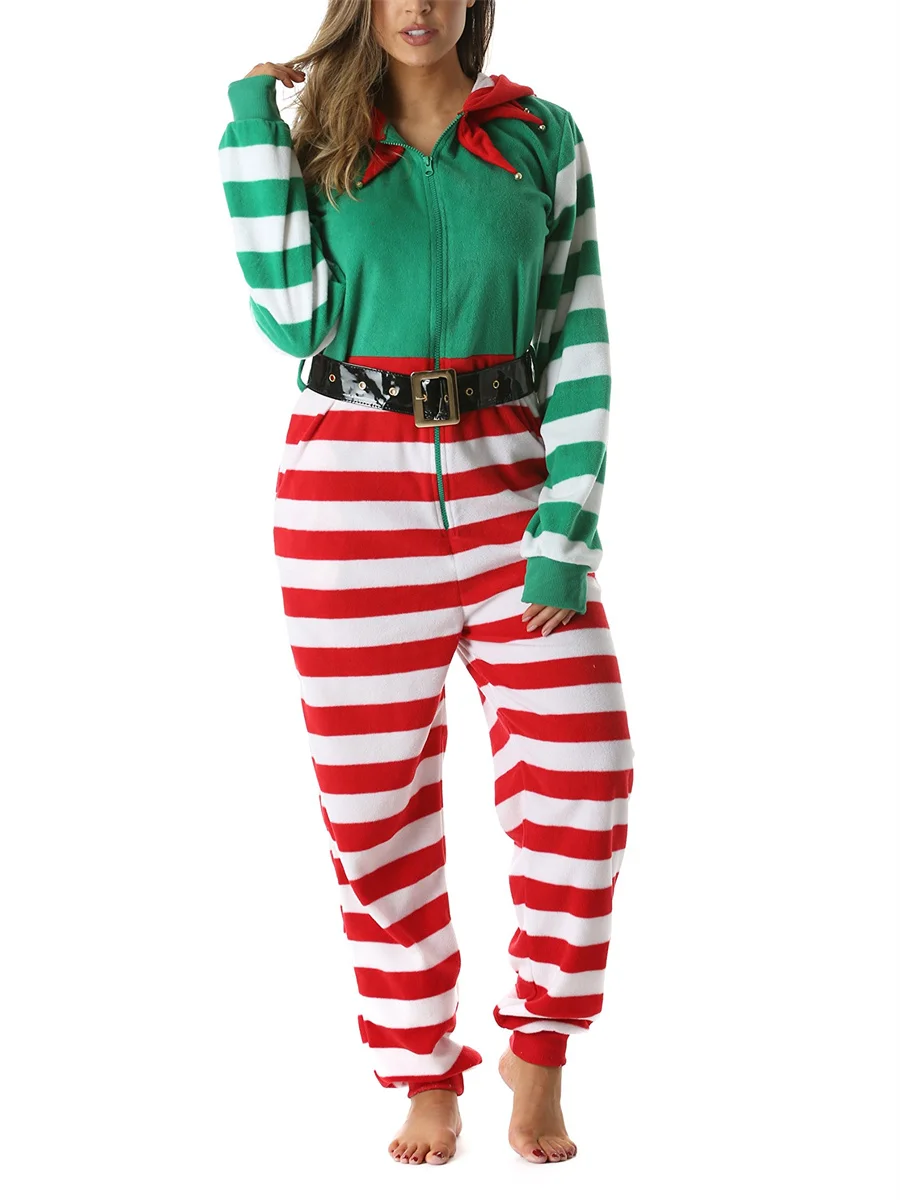 Women\'s Christmas Pajamas Romper Long Sleeve Zip Up Hooded Jumpsuit Sleepwear Holiday Costume