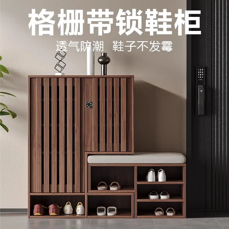 Shoe cabinet household door Solid wood entry stool integrated door door aisle light luxury with stool with lock locker