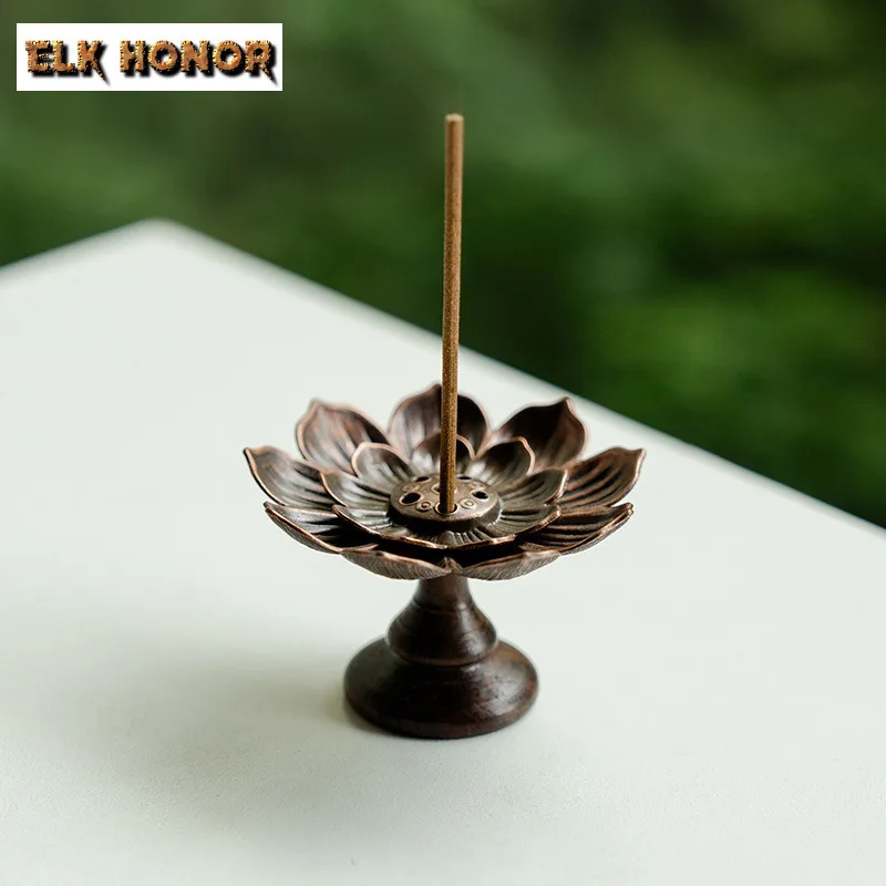 Ancient Red Copper Lotus Blooming Incense Holder Zen Garden Incense Burners Meditation Censer Home Accessories Decoration Craft
