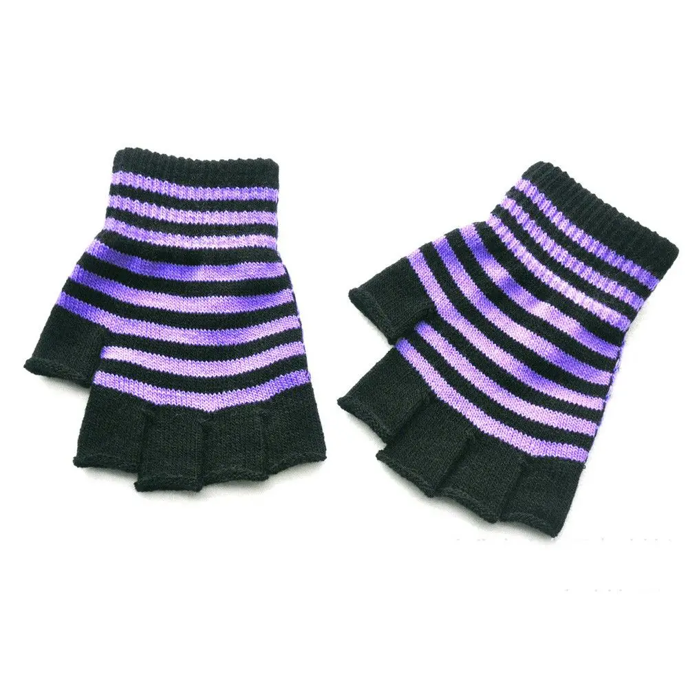 Sarung Tangan Rajut Tanpa Jari Gothic Hangat Musim Dingin Elastis Tebal Bergaris