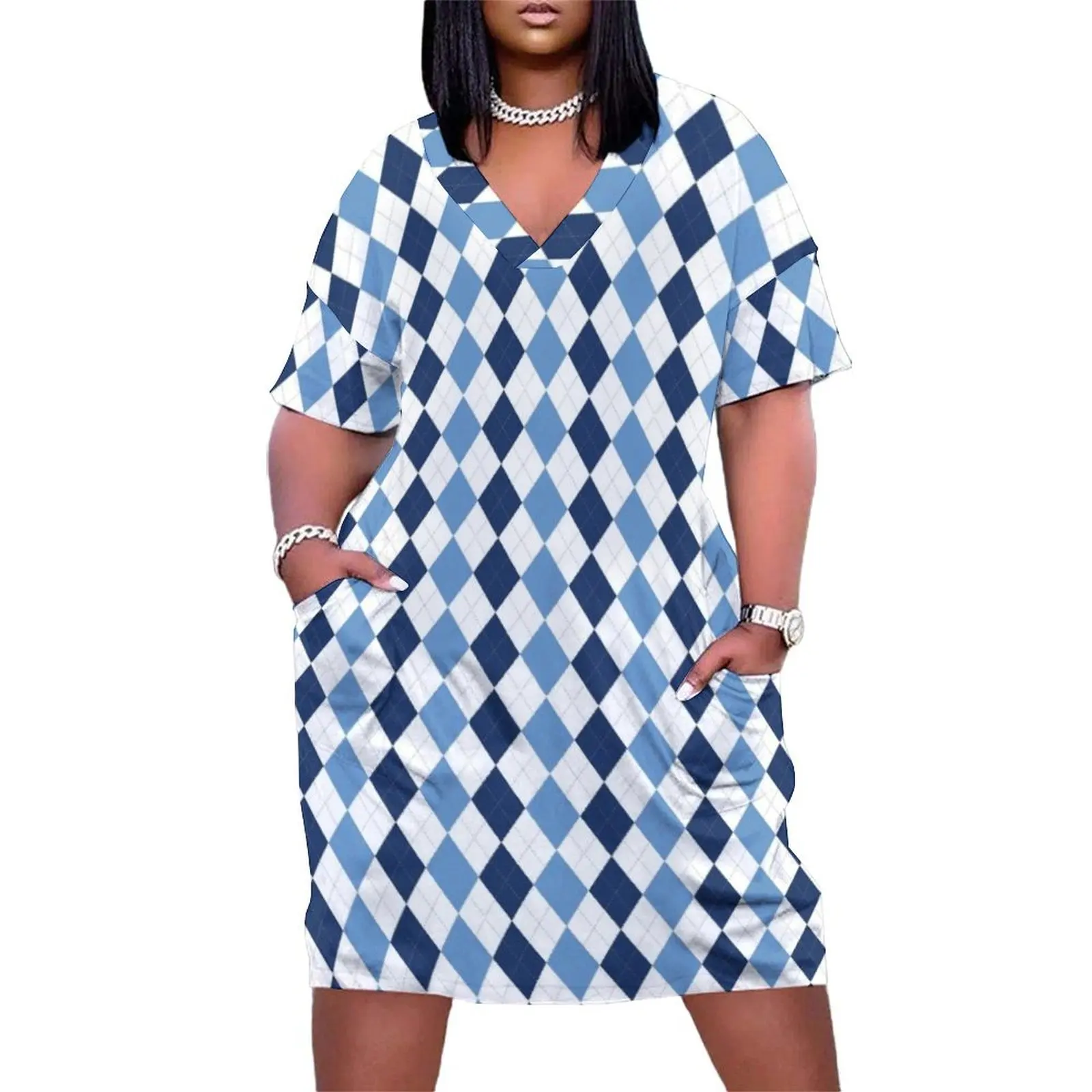 Navy/Carolina Argyle Loose Pocket Dress clothes for women Elegant gowns