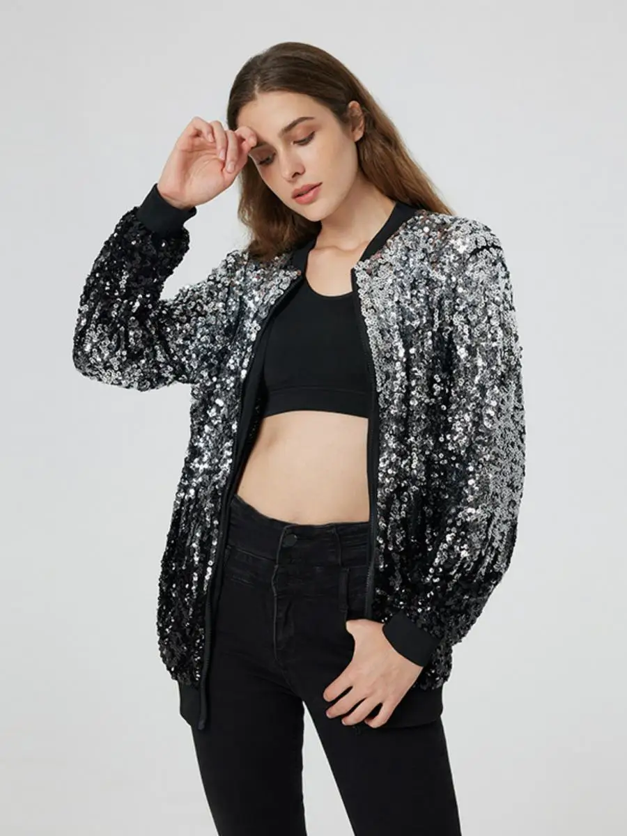 iny الترتر طويل Sve سستة Jaet ex البيسبول orm Faion الهيب هوب ملابس خارجية المرأة موسم الربيع نسيج البوليستر