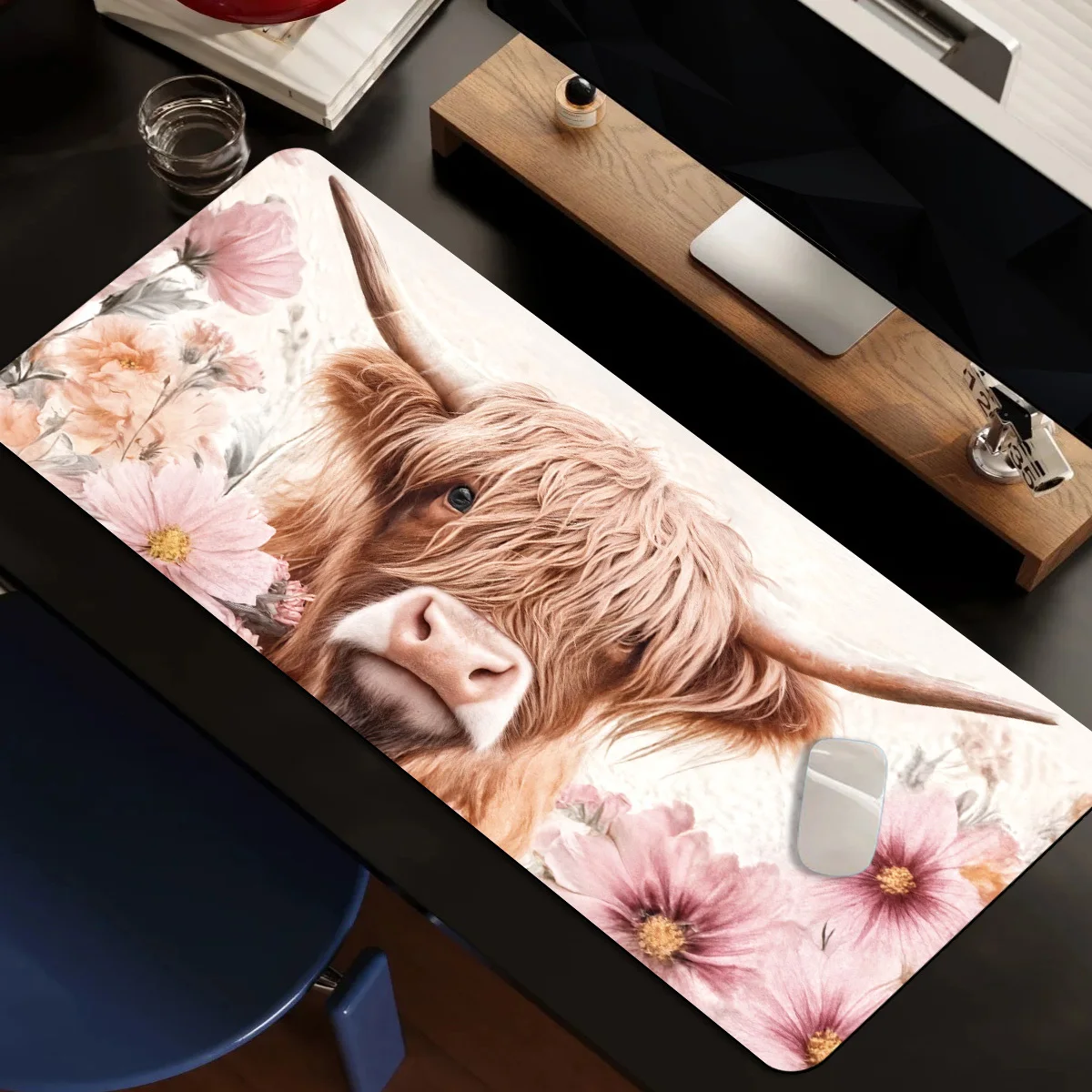 1pc Oversized Keyboard Mat And Mouse Pad Featuring a Fluffy Highland Cow Against a Pink Cosmos Background. The Design Is Printed with High Quality And Comes in
