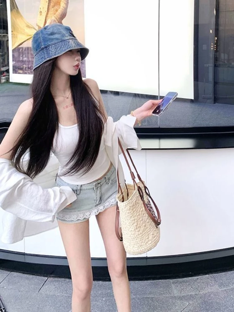Summer 2026 Lace Patchwork Denim Mini Skirt Shorts Women Low Rise A Line Bodycon Slim Fit Hot Girl Streetwear Fashion Jeans New
