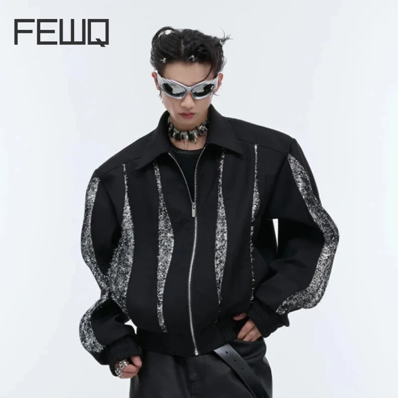 

FEWQ Autumn Niche Design Shoulder Pad Short Jacket 2024 Contrast Color Long Sleeve Zipper Male Tops Fashion Darkwear 24E1817