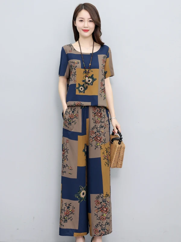

Loose Cotton Silk Women's Casual Fashion Print Two-Piece Set Summer New Style Short Sleeve plus Size Mom Clothes Set