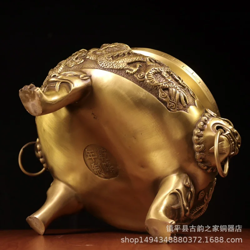 Pure Brass Fine Double Dragon Three-legged Beast Head Incense Burner